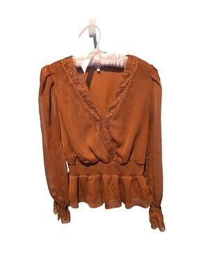Rust Orange Lace-Trim Peplum Blouse, Size Medium